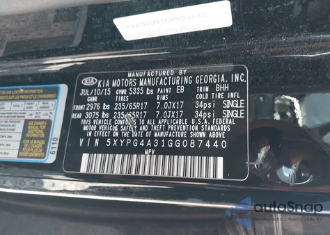 2016 Kia Sorento 2.4L Lx из США, поврежденный, VIN 5XYPG4A31GG087440